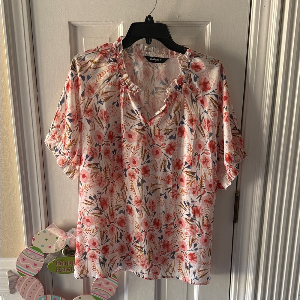 Allegra K Cream Floral Ruffle V-Neck Short Sleeve Blouse
